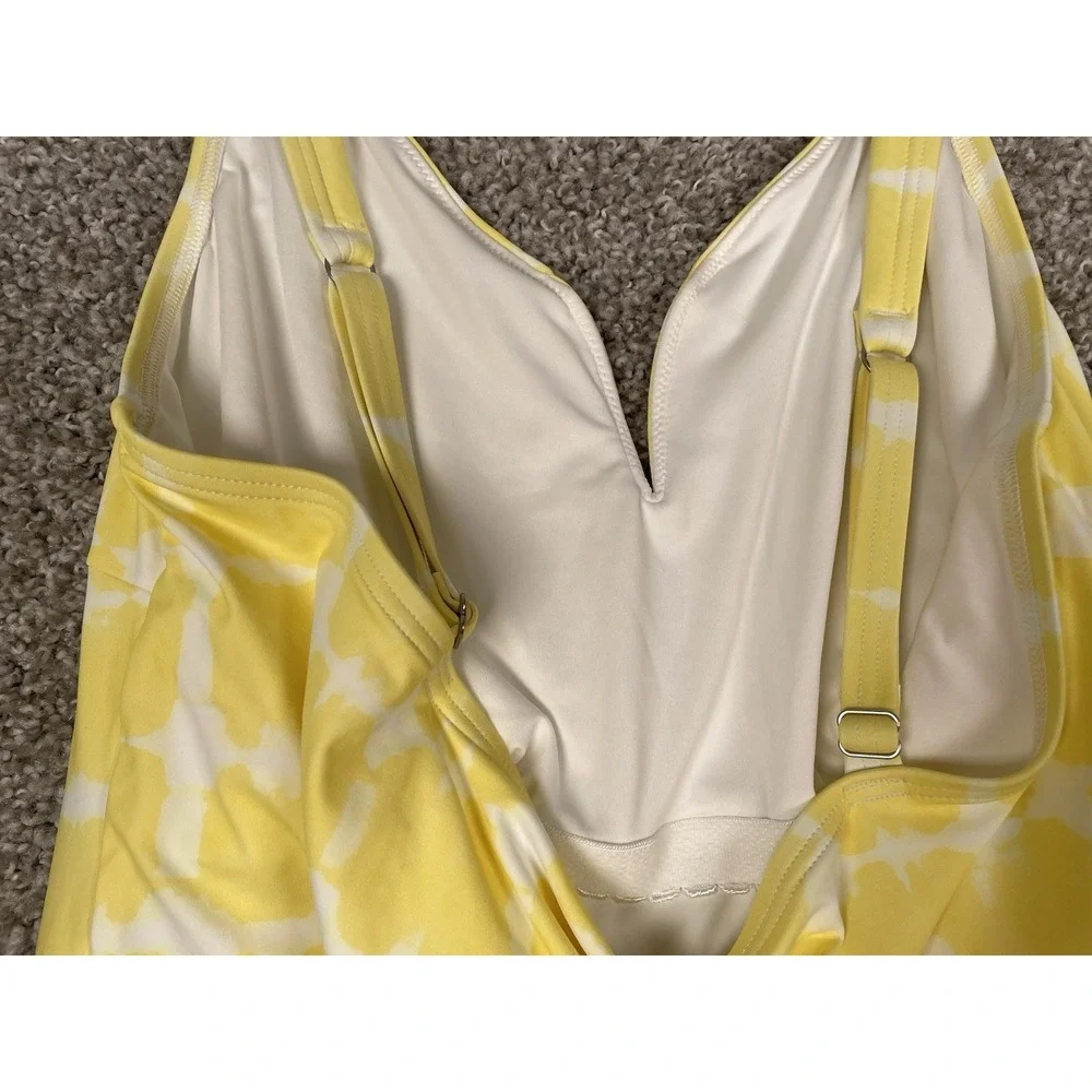 Lands' End Womens Plunge V-Neck Tankini Top Yellow White Tie Dye Grid Size 14